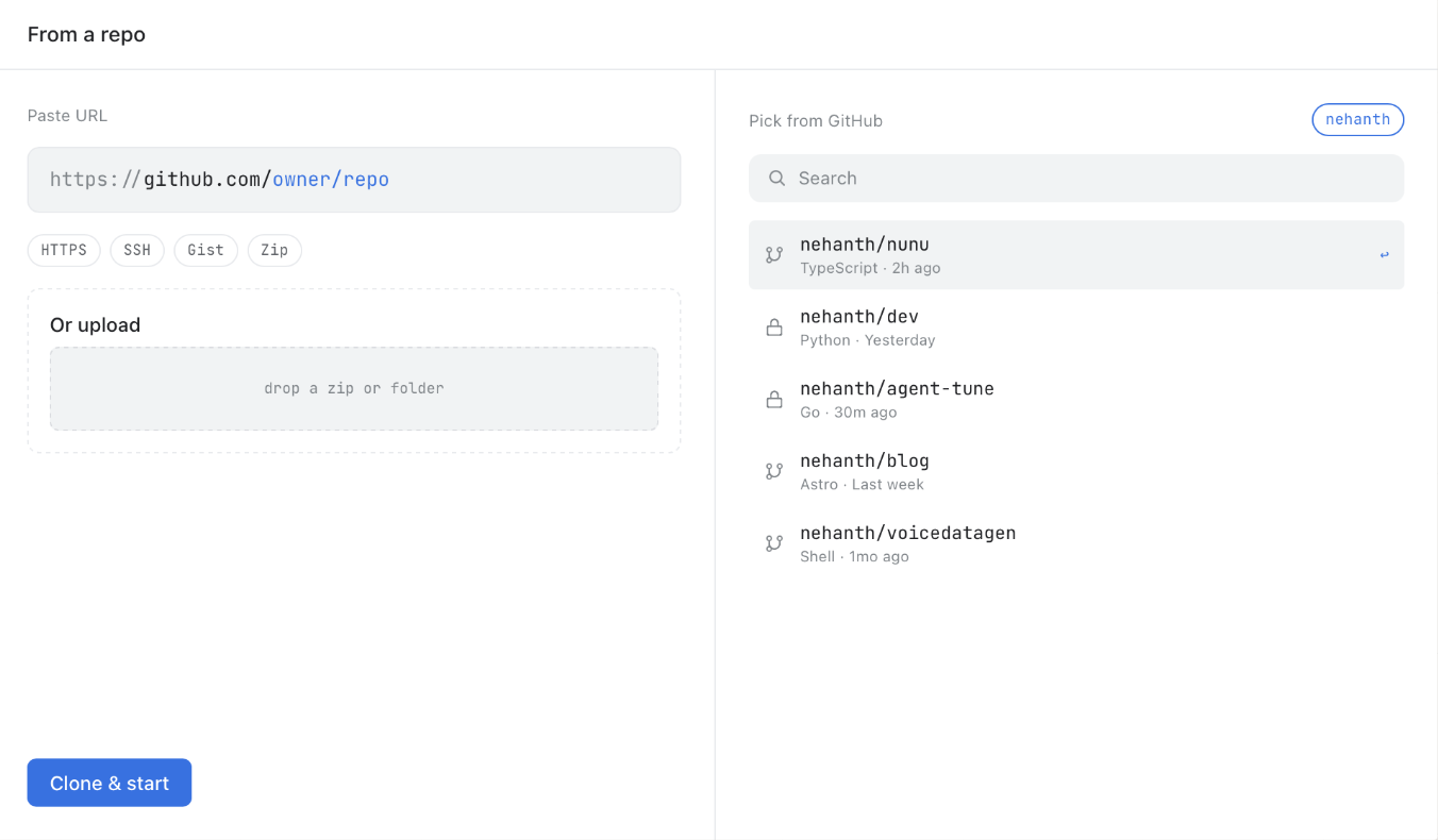 From a repo screen with paste URL on the left and pick from GitHub on the right