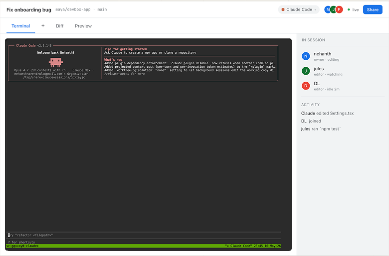 An active nunu session with three collaborators, Claude editing files in the terminal, presence rail on the right